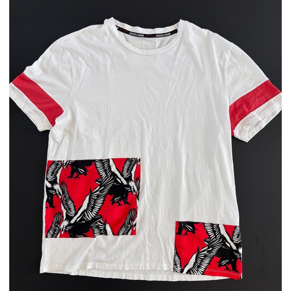 Roberto Cavalli Sport Mens White and Red Eagle Graphic T-Shirt Size M